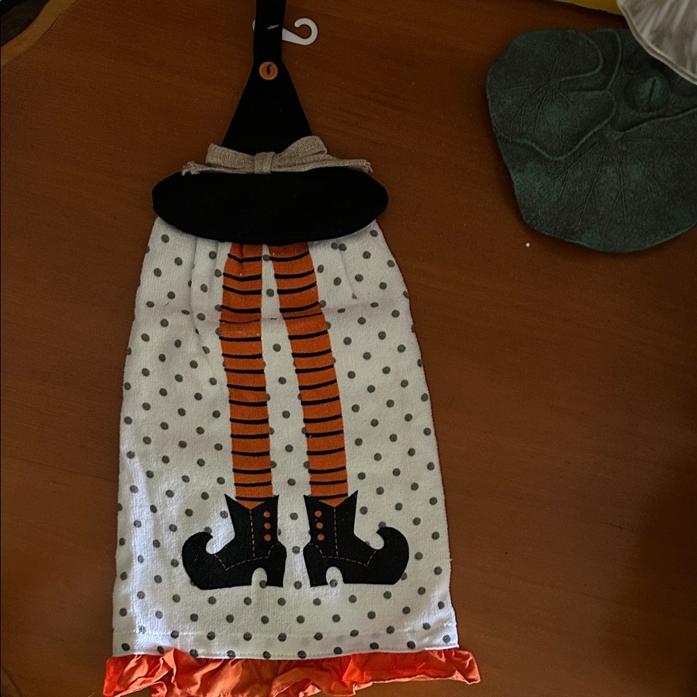 Halloween Witch Kitchen Towel with Orange and Black Design